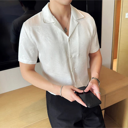 New Chinese Jacquard Shirt Luxury Men Elegant Print Slim Fit Casual Prom Social Shirts High Quality Summer Short Sleeved Tuxedo
