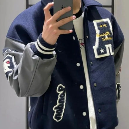Men's Navy Blue Short Baseball Jacket Spring Autumn Embroidery Single Breasted Long Sleeves Turndown Collar Jackets Coat