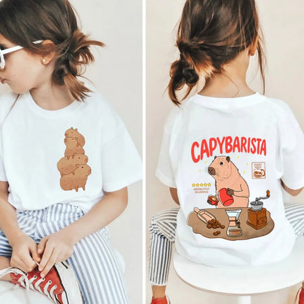 Kawaii Capybara Lovers Kids T-Shirt Short-Sleeved White T-Shirts Cartoon Tees Summer Children Top Crew Neck Children's Clothing