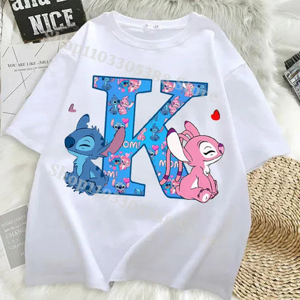 Disney Stitch T-shirts for Women Men Anime Letter A-Z Printed Short Sleeved Shirt Female Male Summer Fashion Top Adults Clothes