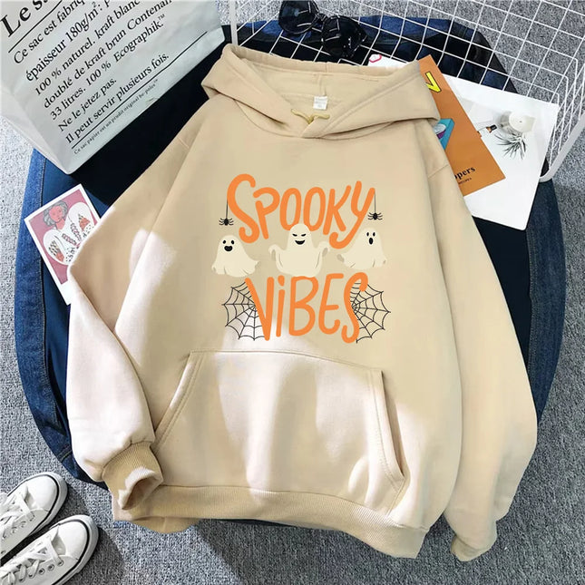 Spooky Vibes Halloween Ghost Hoodie Winter Warm Long Sleeve Hoodies Women Sweatshirt Harajuku Cartoon Sudaderas Unisex Hoody