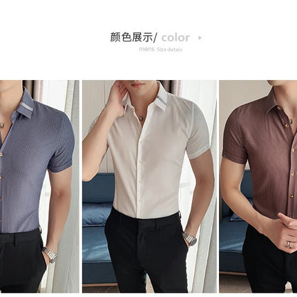 Summer High Quality Striped Ribbon Short Sleeve Shirt Men's Slim Fit Business Formal Wear Blouse Streetwear Plus Size 4XL-M