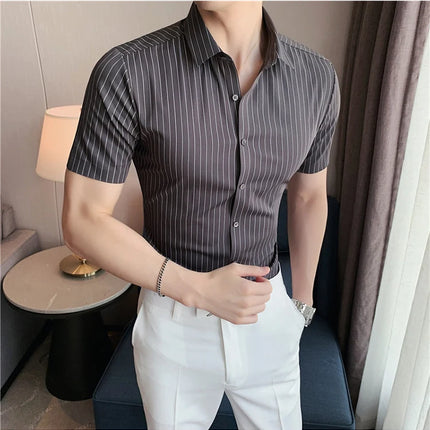High Quality Ice Silk Traceless Striped Shirt Men's Summer Short Sleeve Slim Casual Business Shirts Tuxedo Men Clothing 4XL-M
