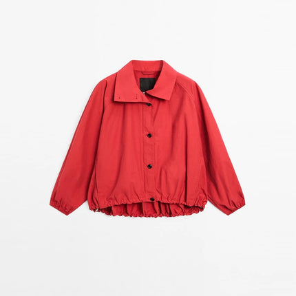 Casual Red Zipper Short Bomber Jacket Women Stand Collar Full Sleeve Button Pocket Coat 2025 Autumn Lady Chic Street Outwear New