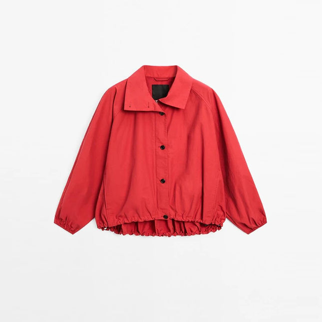 Casual Red Zipper Short Bomber Jacket Women Stand Collar Full Sleeve Button Pocket Coat 2025 Autumn Lady Chic Street Outwear New