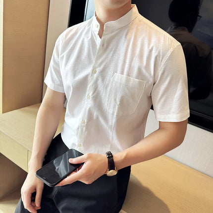 Summer New Chinese Style Linen Cotton Shirts Men's Standing Collar Short Sleeved Thin Breathable Shirt Tops Streetwear 4XL-M