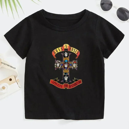 Rock Printed T-shirt Summer Rock Band Gun N Roses Children's Tshirt Boys Girls Kpop Music Short Sleeve Tops Kids Casual Clothes
