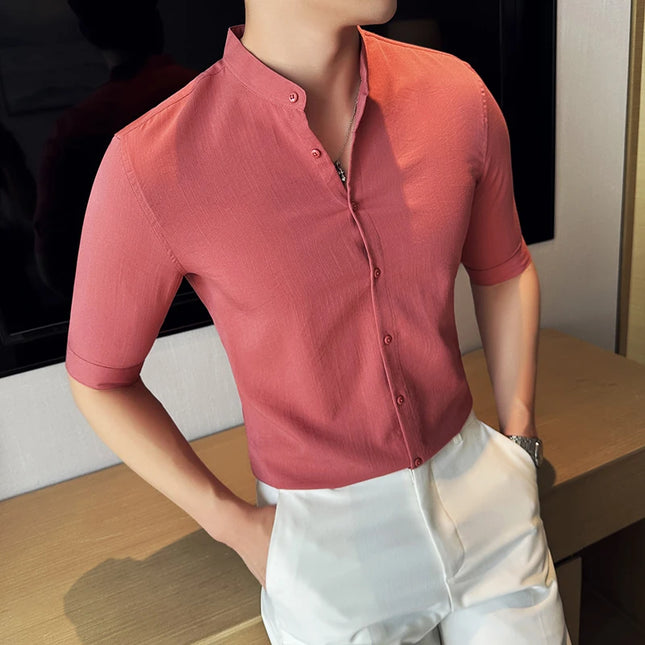 2024 Summer New Chinese Style Linen Shirts Men's Half sleeve Stand-Up Collar Linen Cotton Business Casual Slim Versatile Shirts