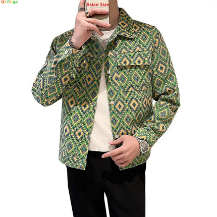 Men's Printed Denim Jacket in Red, Single Breasted Square Collar Coat, White Blue Trim, Asian Size M-4XL