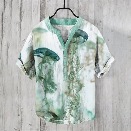 Men's short-sleeved tops 2024 summer casual T-shirts with underwater creatures jellyfish 3D pattern printing, fashionable linen
