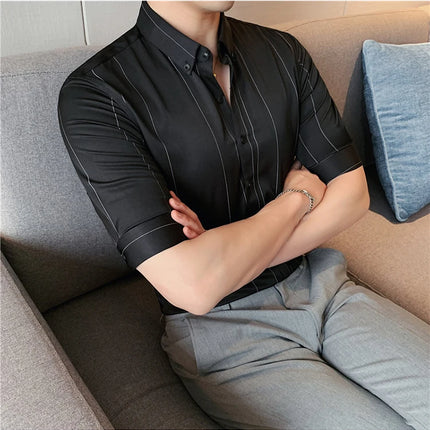 Black/White Summer Half Sleeve Striped Shirts Men 2023 Fashion Business Slim Fit Casual Blouse Social Tuxedos Plus Size 5XL-M