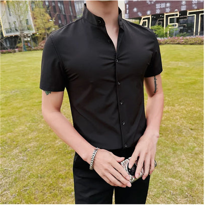 Men's Summer Fashion Stand Collar Business Casual Short Sleeve Shirt Luxury Slim Fit Solid Dress Shirt Brand Men Clothes 5XL-M