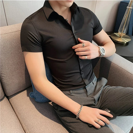 New Summer Men's Short Sleeve Shirt Fashion Business Slim Solid Color Shirt Formal Social Party Casual Dress Men's Clothing 7XL