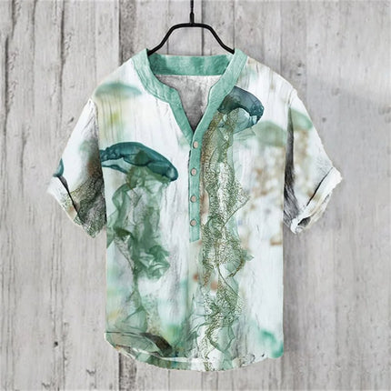 Men's short-sleeved tops 2024 summer casual T-shirts with underwater creatures jellyfish 3D pattern printing, fashionable linen