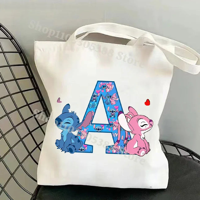 Disney Stitch Fashion Canvas Tote Bag for Women Anime Letter A-Z Printed Shoulder Bag Students Commute Portable Handbags Gifts