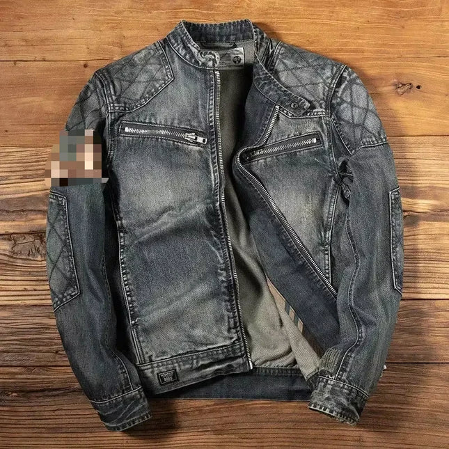 Luxury retro standing collar denim jacket for men's spring and autumn trendy brand loose oversized motorcycle jacket cotton