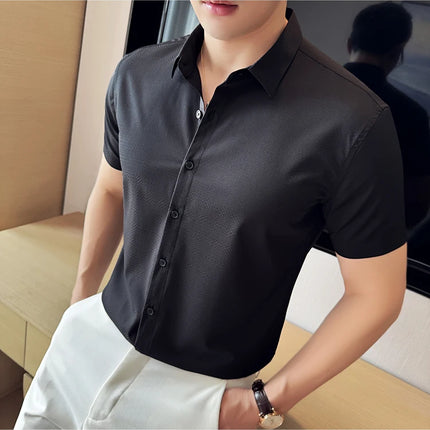 High Quality Ice Silk Elastic Jacquard Shirts 2024 Summer New Men Casual Short Sleeved Slim Fit Business Versatile Shirt 4XL-M