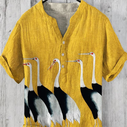 Men's Linen V-neck Shirt Hawaiian Men's T-shirt 2024 New 100% Linen Shirt HD Pattern Plus Size White Crane Landscape Painting