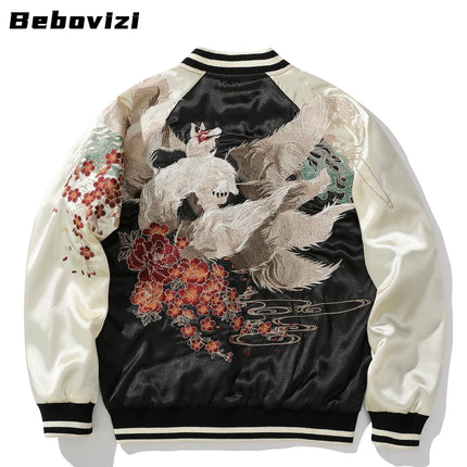 Japanese Men Baseball Jackets High Quality Autumn Nine-tailed Fox Embroidered Yokosuka Coat Hip Hop Streetwear Harajuku Clothing
