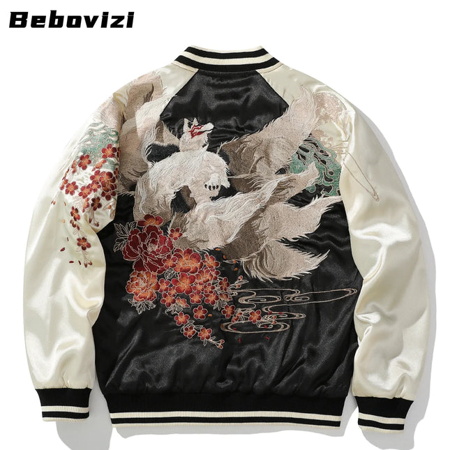 Japanese Men Baseball Jackets High Quality Autumn Nine-tailed Fox Embroidered Yokosuka Coat Hip Hop Streetwear Harajuku Clothing