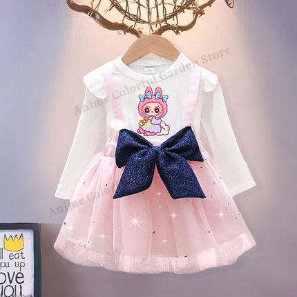Labubu Sweet Mesh Dress with Bow for Girls Anime Cartoon Cute Suspender Skirt Children Spring Fashion Fake Two Dresses Gifts