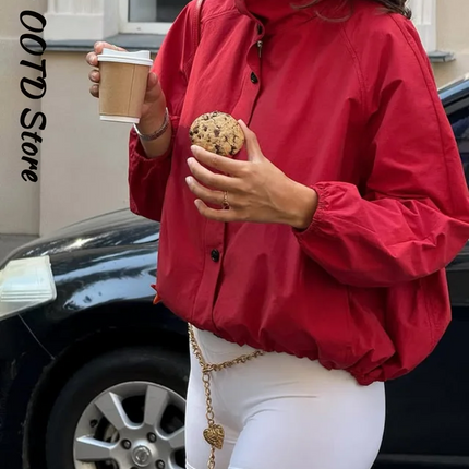 Casual Red Zipper Short Bomber Jacket Women Stand Collar Full Sleeve Button Pocket Coat 2025 Autumn Lady Chic Street Outwear New