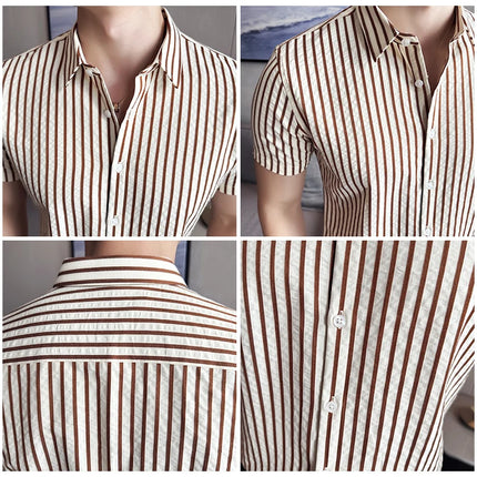 2025 Summer Fashion Vertical Striped Shirts Luxury Men's Short Sleeved Slim Fit Casual Pleated Business Shirt Men Clothing 4XL-M
