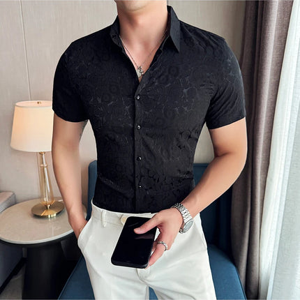 2025 Summer New Flower Shirts Men Short Sleeve Retro Casual Shirts Fashion Versatile Business Slim Social Party Tuxedo Blouse