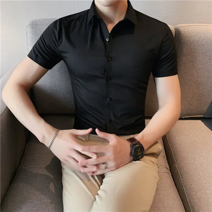 2025 Summer Ice Silk Seamless Shirt High Quality Silky Smooth Short Sleeve Slim Casual Business Tuxedo Shirts Mens Clothing 4XL