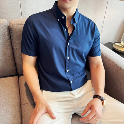 Plus Size 4XL-M High Quality Bamboo Fiber Fabric Dark Stripes Shirts Men Summer Slim Fit Casual Thin Breathable Social Shirt