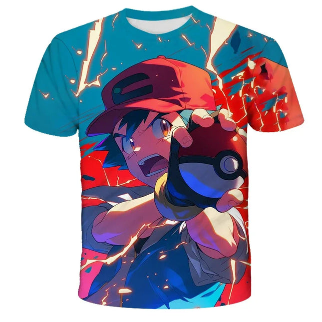 Summer Anime Pokemon Boy T-shirt, Pikachu Children's 3D Fashion Casual Children's Cosplay Clothing, Adult Short-sleeved Yellow