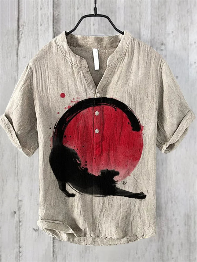 New V-neck red-crowned crane 3D linen printing foreign trade fashion casual loose bamboo linen shirt top