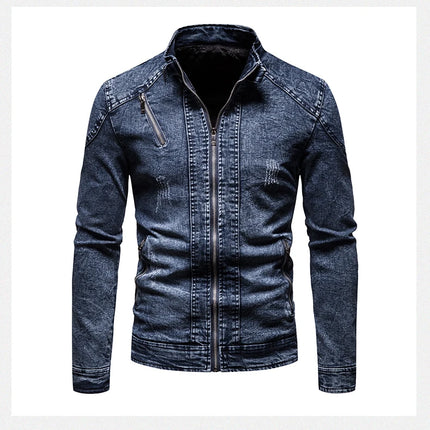 Cowboy jacket men's retro style personalized slim fit stand up collar zipper warm workwear jacket motorcycle riding suit