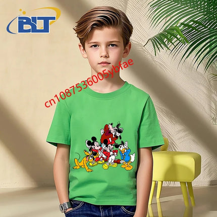 Disney Mickey Mouse and Friends print kids T-shirt pure cotton short-sleeved green top cartoon children's clothing for boys