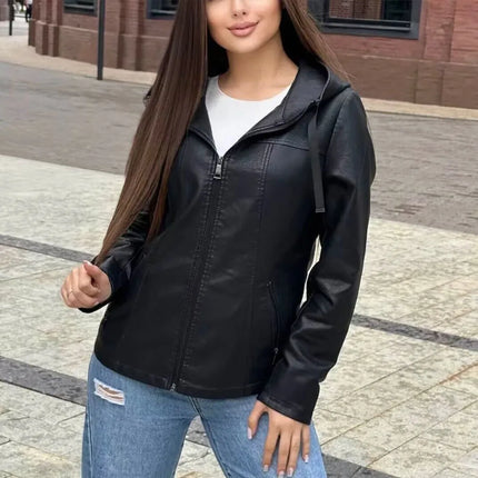 Autumn 2024 new women's fashion casual Joker temperament commuting slim zipper hooded leather jacket.