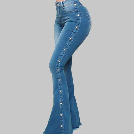 Women Wide Leg Flare Denim Trousers Sexy Jeans Trousers Washed Flare Jeans Breathable Stretchy Rivet Decor Denim Flare Jeans