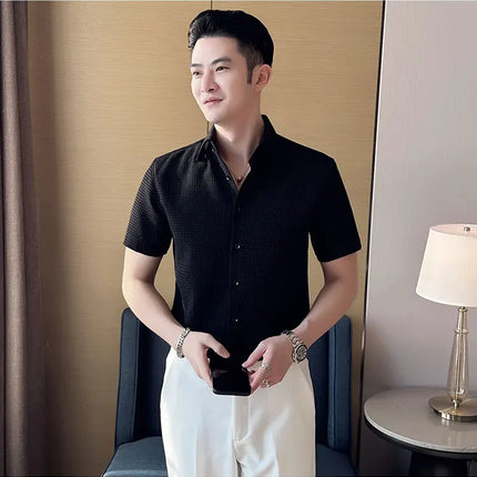 2023 Summer Waffle Short Sleeved Shirt Men Fashion Casual Solid Color Lapel Loose Shirt Male Korean Social Business Dress Blouse