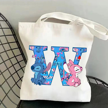 Disney Stitch Fashion Canvas Tote Bag for Women Anime Letter A-Z Printed Shoulder Bag Students Commute Portable Handbags Gifts