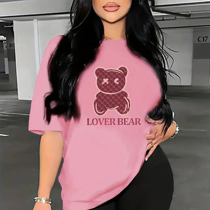 Summer Women's Cotton T-Shirt Bear Picture Print Casual Short Sleeved T Shirt Fashion Hip Hop Harajuku Tshirts Ladies Oversized