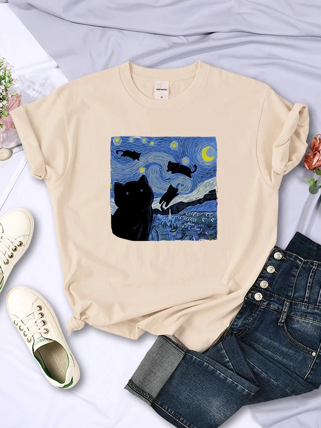 The Starry Cat Night Women T Shirts Fashion Breathable Cool Short Sleeve Street Hip Hop Tops Casual All-math Female Tee Clothing