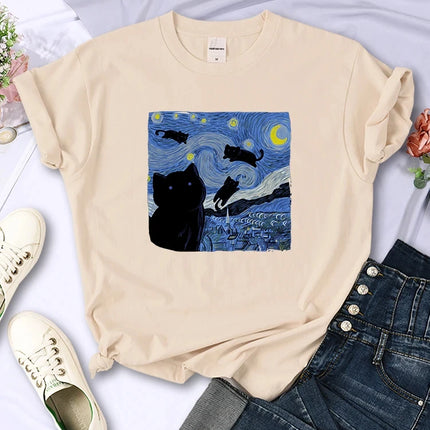 The Starry Cat Night Women T Shirts Fashion Breathable Cool Short Sleeve Street Hip Hop Tops Casual All-math Female Tee Clothing