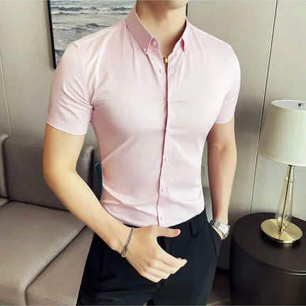 2025 Summer Solid Slim Fit Shirt High Quality Men Business Casual Short Sleeved Social Party Shirts Men Clothing Plus Size 5XL-M