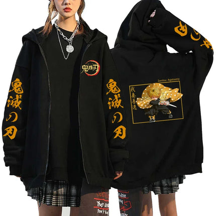 Fashion Anime Cartoon Demon Slayer Pattern Print Sweatshirt Men Women Fall Winter Casual Loose Harajuku Fleece Zipper Hoodie
