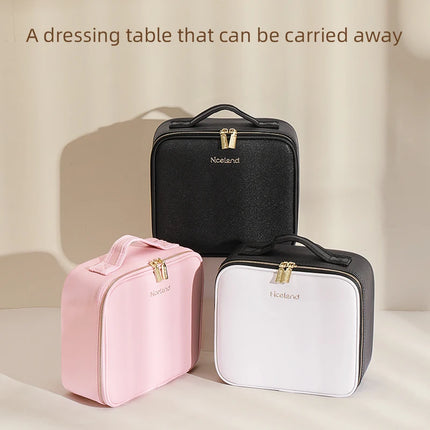 Makeup Travel Train Case with LED Lighted Mirror, 3 Color Adjust Settings, Travel Makeup Bag With Adjustable Dividers,