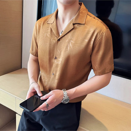New Chinese Jacquard Shirt Luxury Men Elegant Print Slim Fit Casual Prom Social Shirts High Quality Summer Short Sleeved Tuxedo