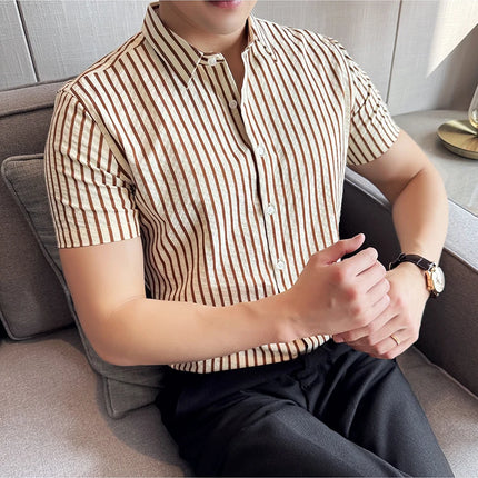 2025 Summer Fashion Vertical Striped Shirts Luxury Men's Short Sleeved Slim Fit Casual Pleated Business Shirt Men Clothing 4XL-M