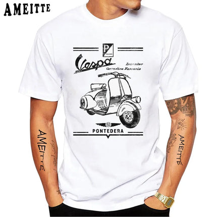 New Summer Men's Short Sleeve Retro Classic Vespa Italy Scooter Art Print T-Shirt Hip Hop Boy Casual White Tops Vintage Man Tees
