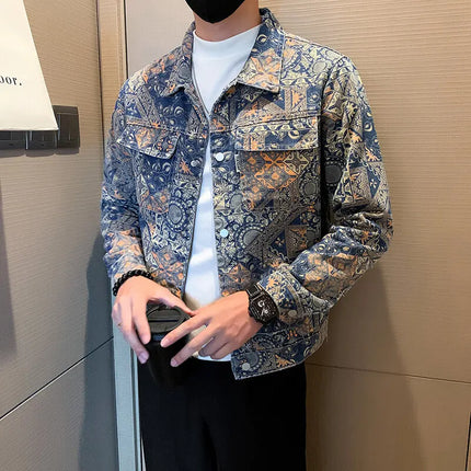 Men's Printed Denim Jacket in Red, Single Breasted Square Collar Coat, White Blue Trim, Asian Size M-4XL