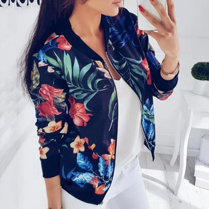 Women Jacket Elegant Flower Leaves Print Sports Women Long Sleeve Baseball Jacket Zip Coat Autumn BomberJackets Women Clothing