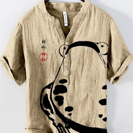 Men's Linen V-neck Shirt Hawaiian Men's T-shirt 2024 New 100% Linen Shirt HD Pattern Plus Size White Crane Landscape Painting
